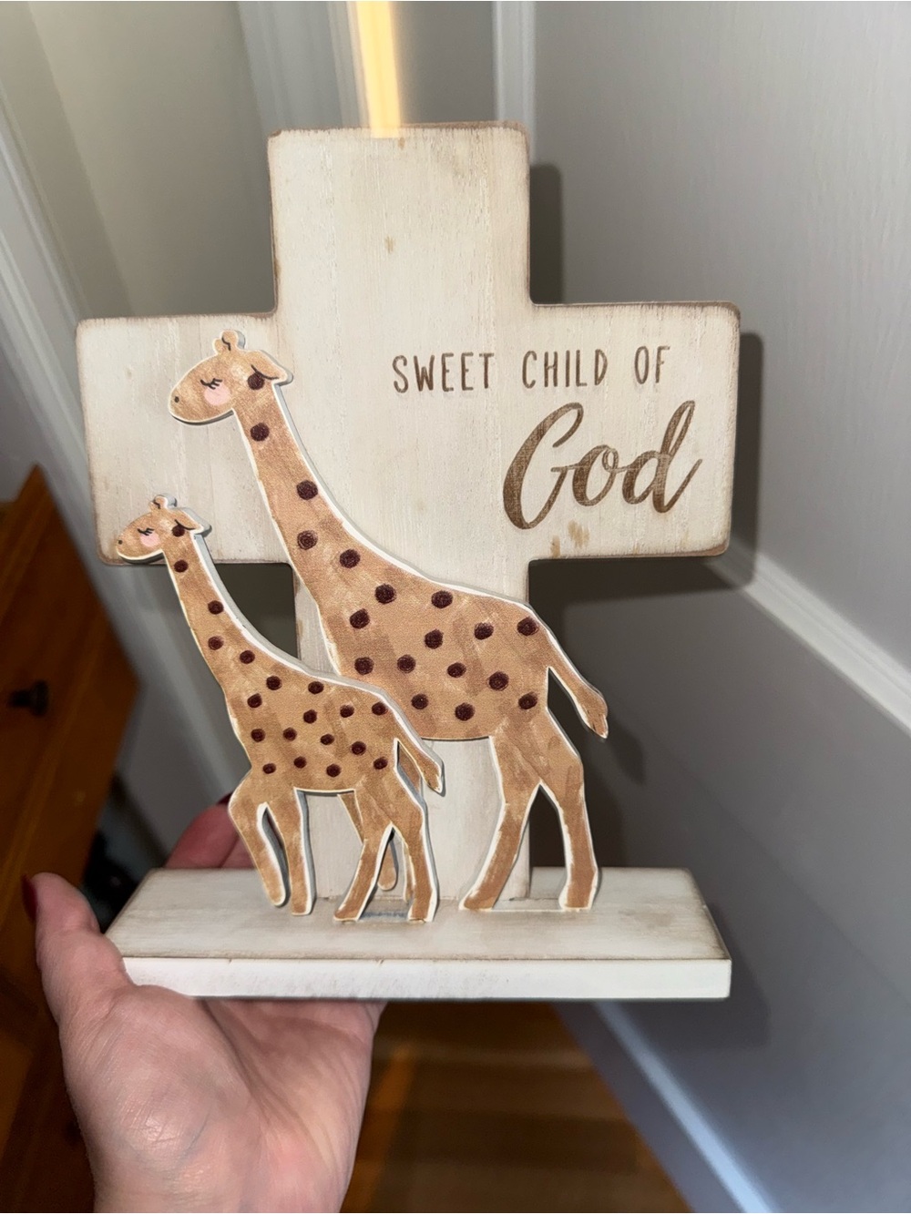 Sweet Child of God Giraffe Wooden Cross - White and Tan